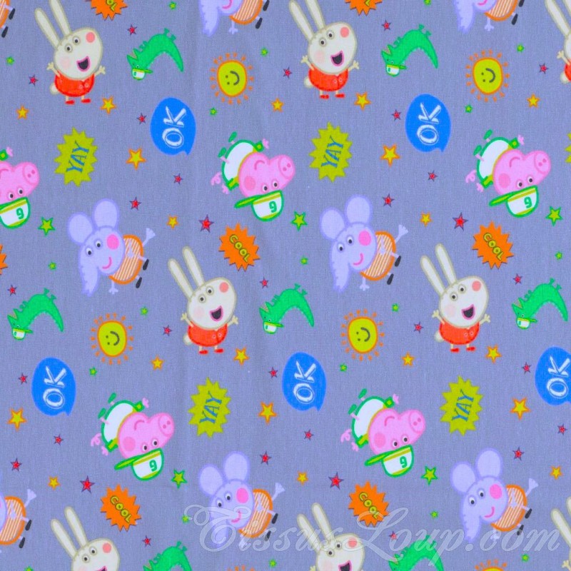 Jersey Stof katoen Peppa Pig en Emilie Olifant Grijze Achtergrond | Wolf Stoffen