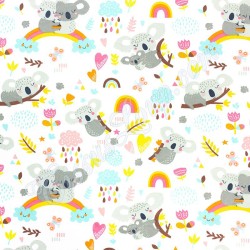 Katoenen stof Koala op een regenboog witte achtergrond | Wolf Stoffen