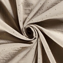 Dubbele gaas stof grijs-beige met gouden stippen | Wolf Stoffen