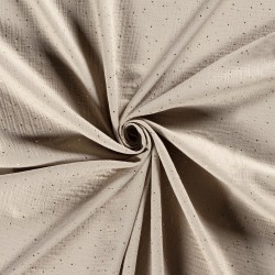 Dubbele gaas stof grijs-beige met gouden stippen | Wolf Stoffen