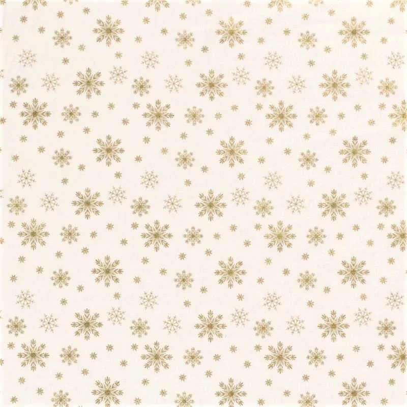 Stof Katoen Sneeuwvlokken Gouden Achtergrond Wit | Wolf Stoffen