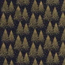 Stof Katoenen Gouden Kerstbomen Marineblauwe Achtergrond | Wolf Stoffen