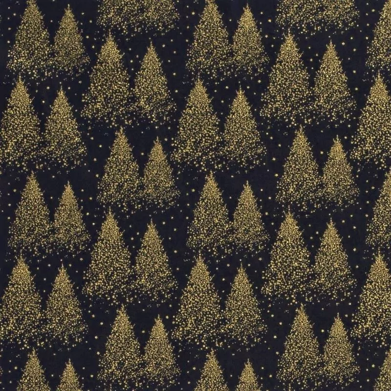 Stof Katoenen Gouden Kerstbomen Marineblauwe Achtergrond | Wolf Stoffen