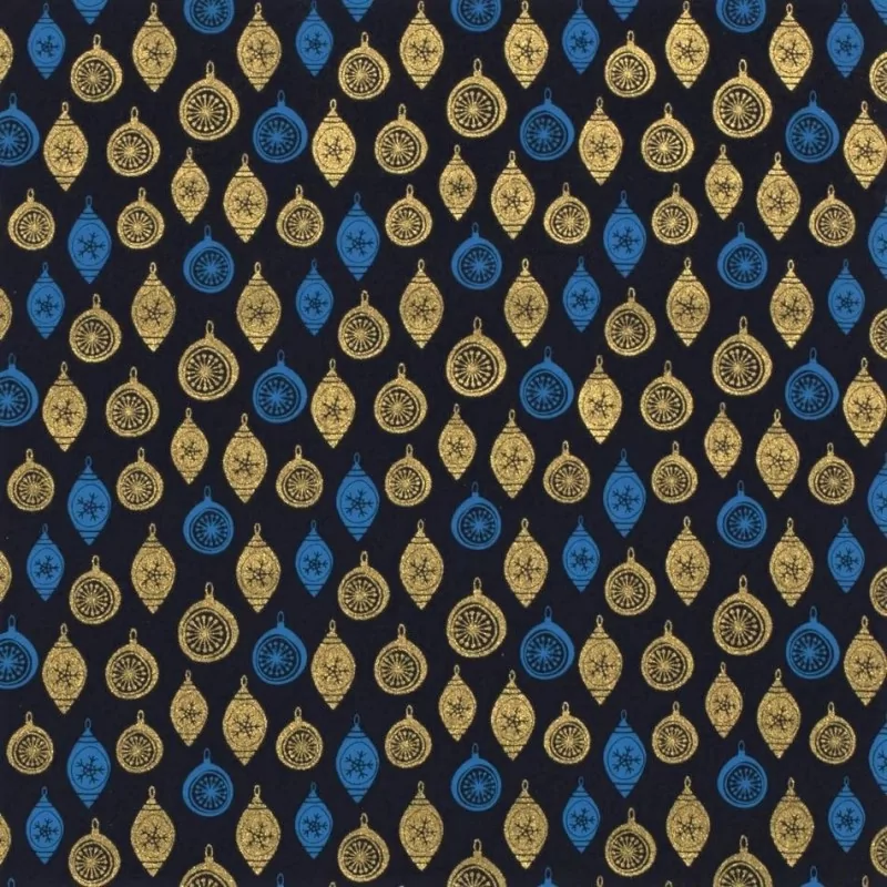 Stof Katoen Gouden Kerstballen Deco marineblauwe Achtergrond | Wolf Stoffen
