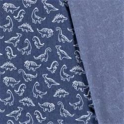 lichtblauwe Jean stretch stof kleine dinosaurussen | Wolf Stoffen