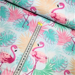 Katoenen stof Roze flamingo en palmblad | Wolf Stoffen