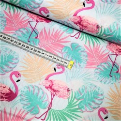 Katoenen stof Roze flamingo en palmblad | Wolf Stoffen