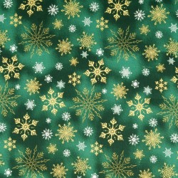 Stof Katoen Gouden en witte sneeuwvlokken Groene achtergrond | Wolf Stoffen