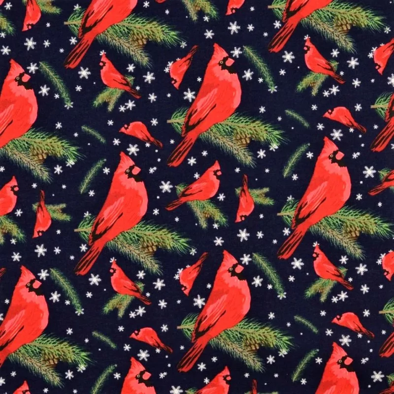 Stof Katoen Kerstvogel Robin marineblauwe achtergrond | Wolf Stoffen