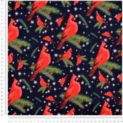 Stof Katoen Kerstvogel Robin marineblauwe achtergrond | Wolf Stoffen