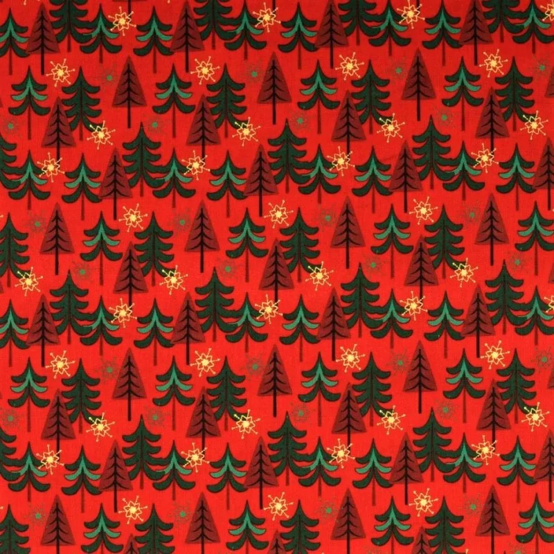 Stof Katoen Kerstbomen en gouden sneeuwvlokken Rode Achtergrond | Wolf Stoffen