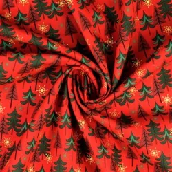 Stof Katoen Kerstbomen en gouden sneeuwvlokken Rode Achtergrond | Wolf Stoffen