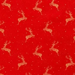 Katoenen stof Gouden kerstrendier rode achtergrond | Wolf Stoffen