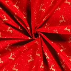 Katoenen stof Gouden kerstrendier rode achtergrond | Wolf Stoffen
