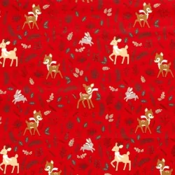 Katoenen Stof Doe konijn en kerstrendier rode achtergrond | Wolf Stoffen