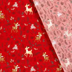 Katoenen Stof Doe konijn en kerstrendier rode achtergrond | Wolf Stoffen