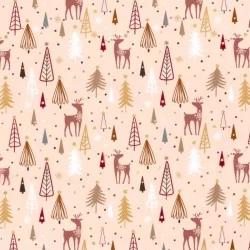 Katoenen Stof Kerst rendier en dennenboom poeder roze achtergrond | Wolf Stoffen