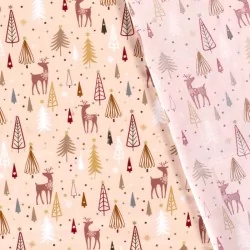 Katoenen Stof Kerst rendier en dennenboom poeder roze achtergrond | Wolf Stoffen