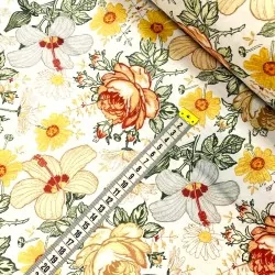 Katoenen stof Rozen Hibiscus en gele bloemen | Wolf Stoffen