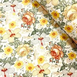 Katoenen stof Rozen Hibiscus en gele bloemen | Wolf Stoffen