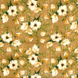 Katoenen stof witte bloemen Philadelphus mosterd achtergrond | Wolf Stoffen