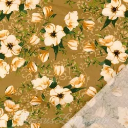 Katoenen stof witte bloemen Philadelphus mosterd achtergrond | Wolf Stoffen