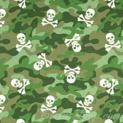Katoenen stof Groene camouflage en schedels | Wolf Stoffen