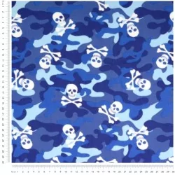 Katoenen stof Blauwe camouflage en schedels | Wolf Stoffen
