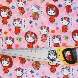 Stof Hello Kitty Kimono roze achtergrond | Wolf Stoffen