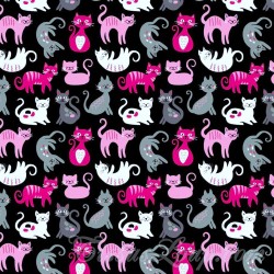 Katoenen Stof Schattige Katten Roze Grijze en Wit zwarte achtergrond | Wolf Stoffen