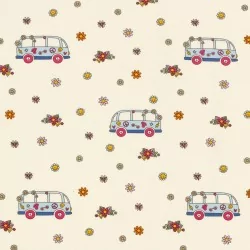 Jersey Stof katoen VW Bus Peace and Love en Bloemen | Wolf Stoffen