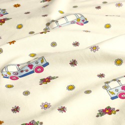 Jersey Stof katoen VW Bus Peace and Love en Bloemen | Wolf Stoffen