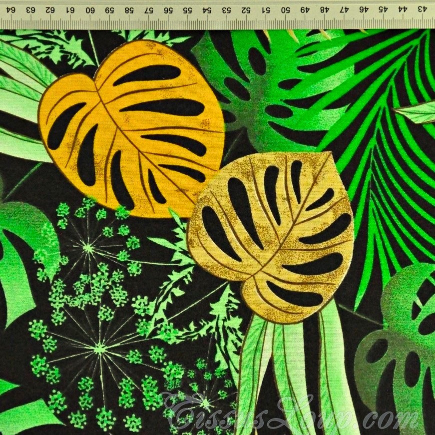 Stof Monstera Bladeren en Palm Zwarte Achtergrond — 2
