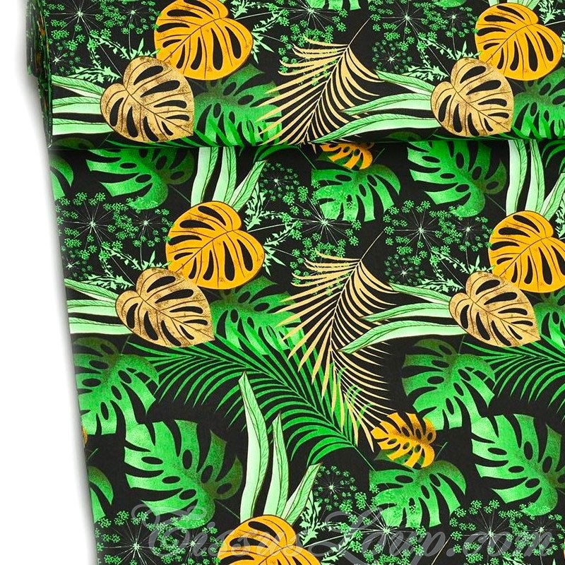 Stof Monstera Bladeren en Palm Zwarte Achtergrond — 1