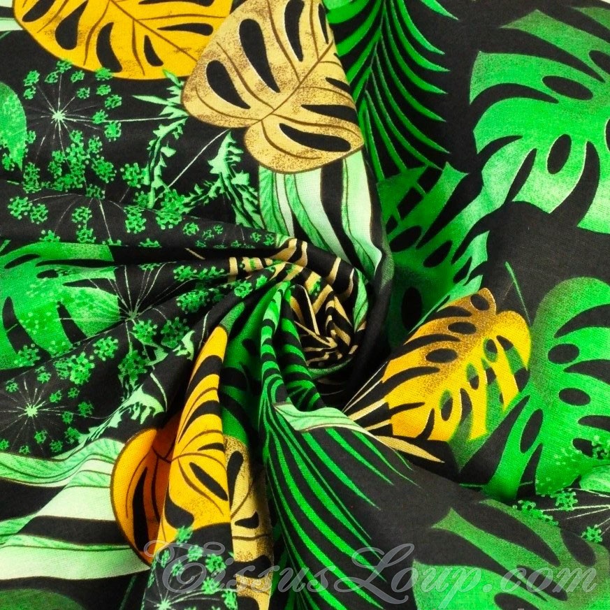 Stof Monstera Bladeren en Palm Zwarte Achtergrond — 3